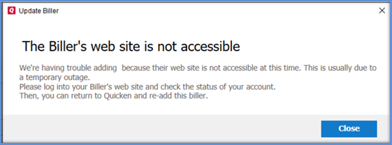 Online Bill Center Error: “Biller’s web site is not accessible”