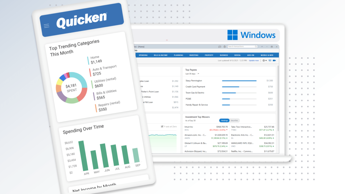Quicken mobile companion app user interface on phone above laptop with Quicken Windows user interface