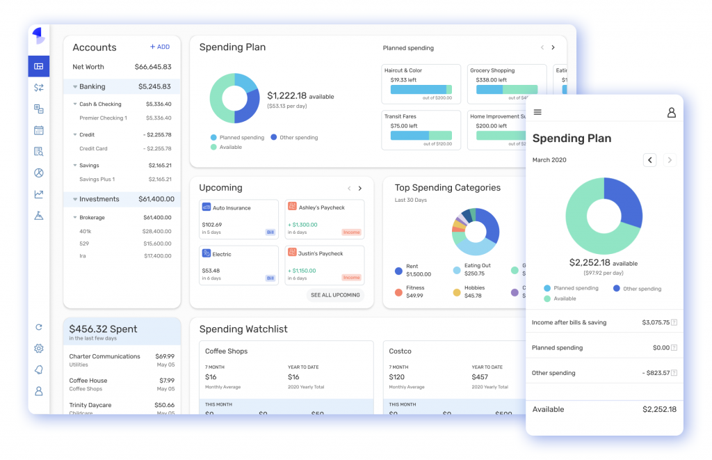 Quicken Simplifi user interface on both desktop web and mobile screens