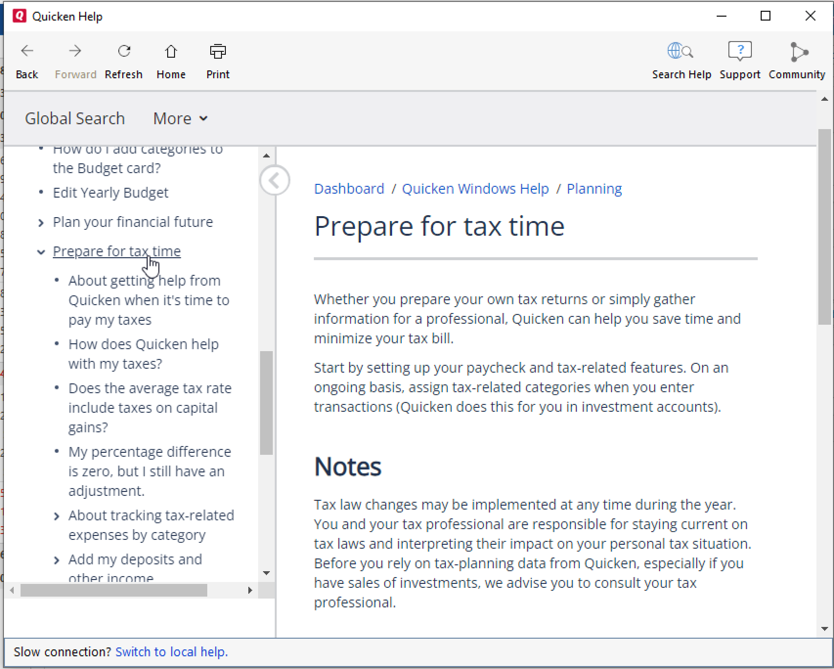 Quicken Help window selecting Prepare for tax time