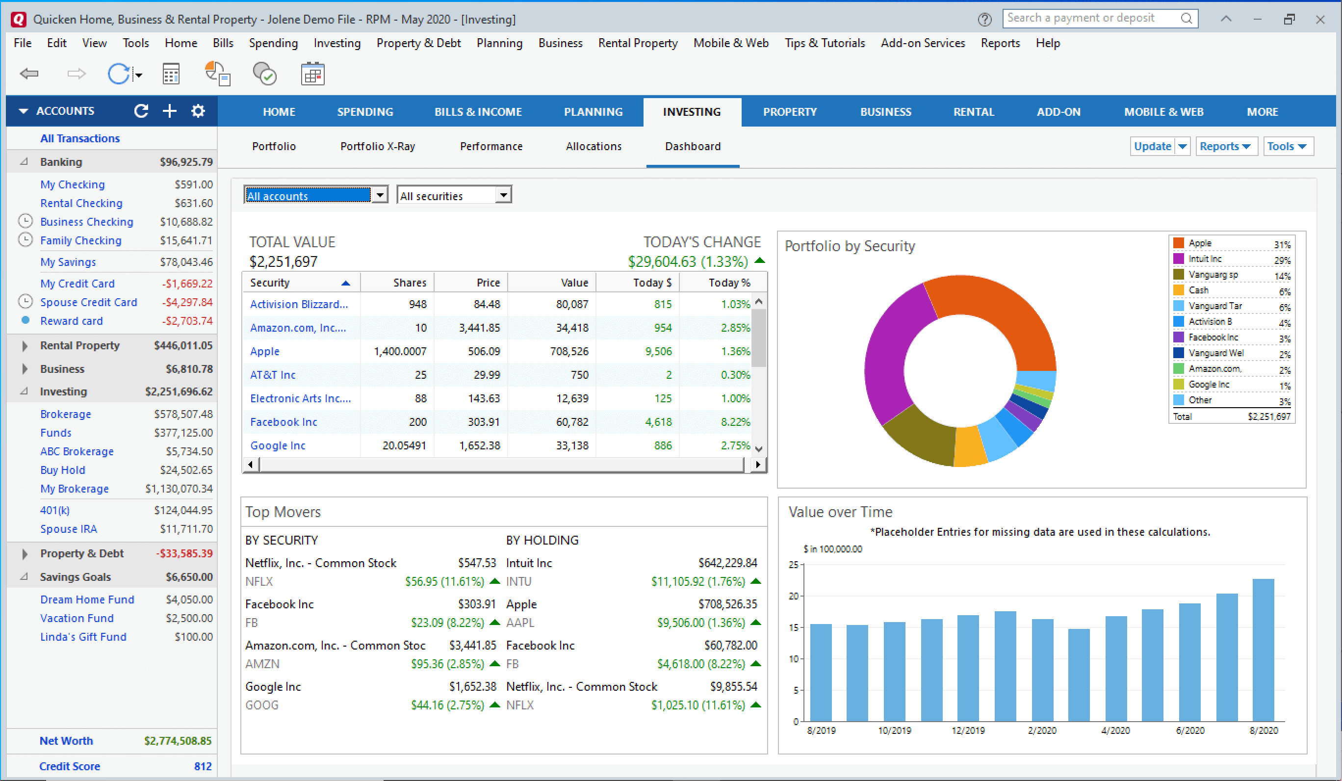 Quicken Investing dashboard user interface