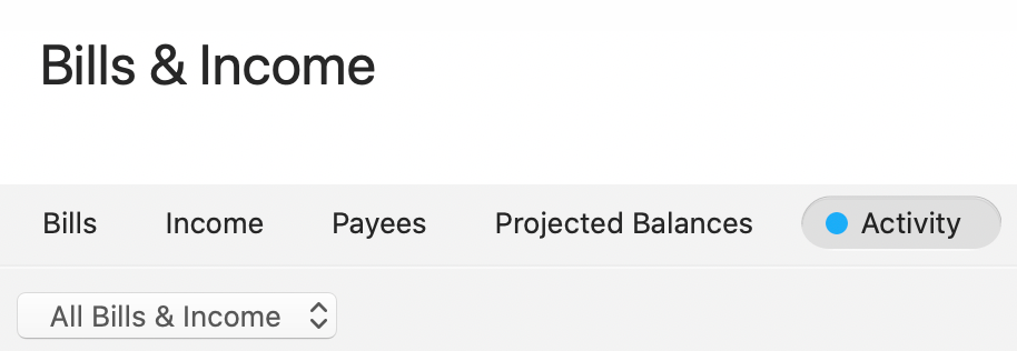 bills & income activity tab user interface