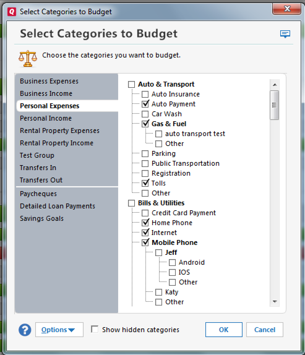 Select categories to budget user interface