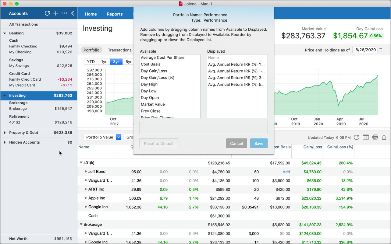 Quicken software investing customized portfolio view user interface