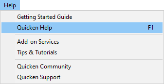 Help menu selecting Quicken Help