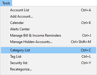 Tools menu selecting Category List
