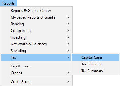 Reports menu selecting Tax and sub-menu option Capital Gains