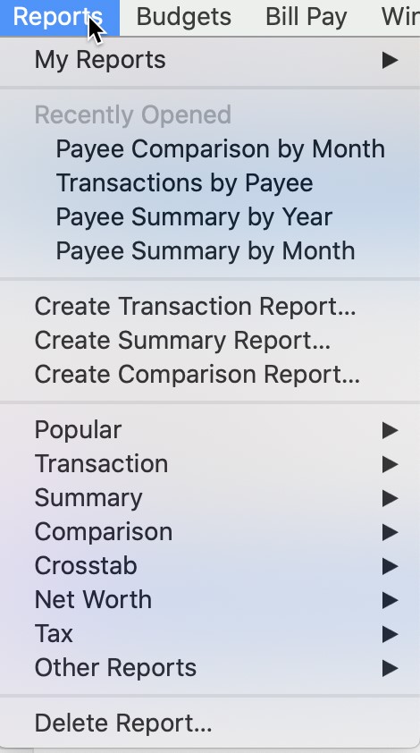 Mac user interface My Reports menu