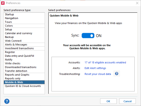 Quicken Preferences window