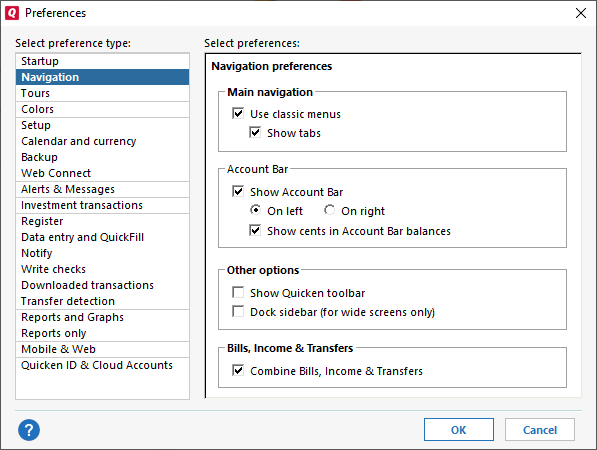 Quicken navigation preferences