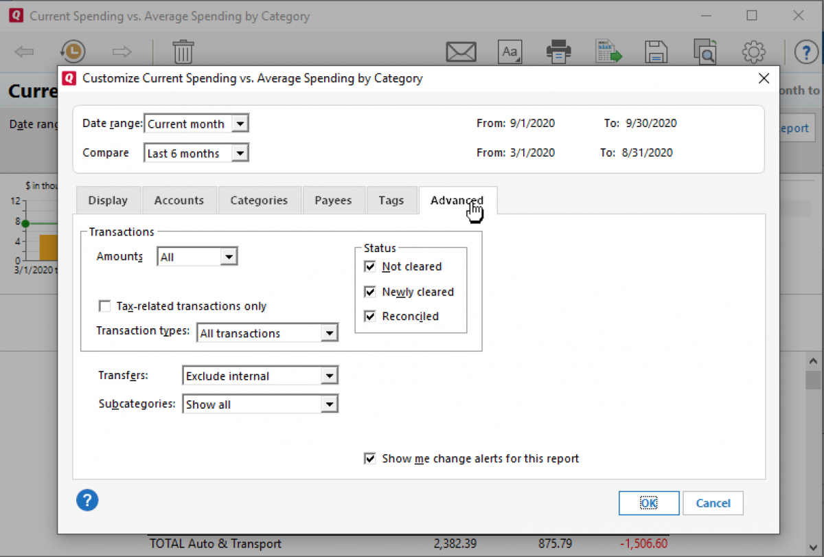 Customize current spending vs. annual spending by category