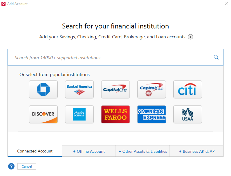 search for your financial institution user interface