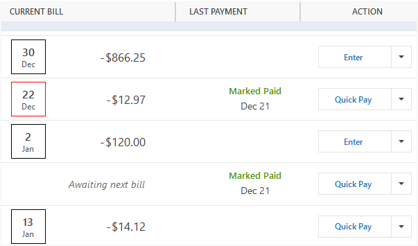 Bill tracking user interface in Quicken for Windows