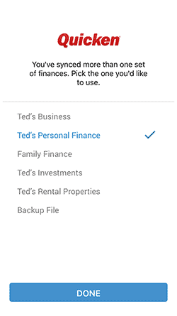 Quicken Mobile Companion app displays all the data files