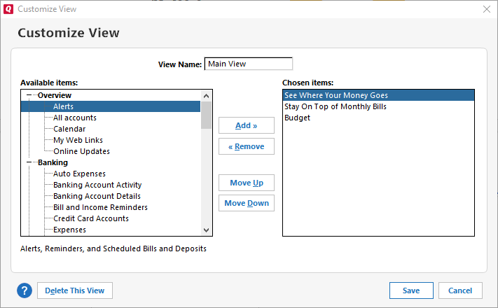 Customize View window