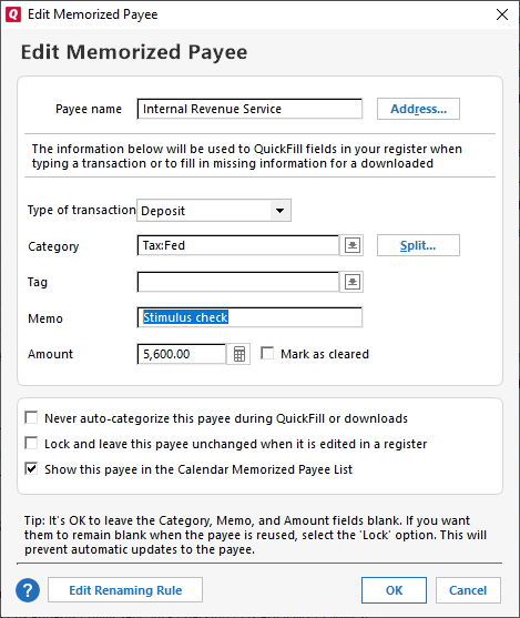 Edit a Payee from the Memorized Payee List