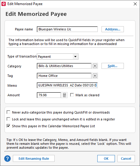 edit memorized payee user interface
