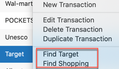 Menu options with "Find Target" and "Find Shopping" options highlighted