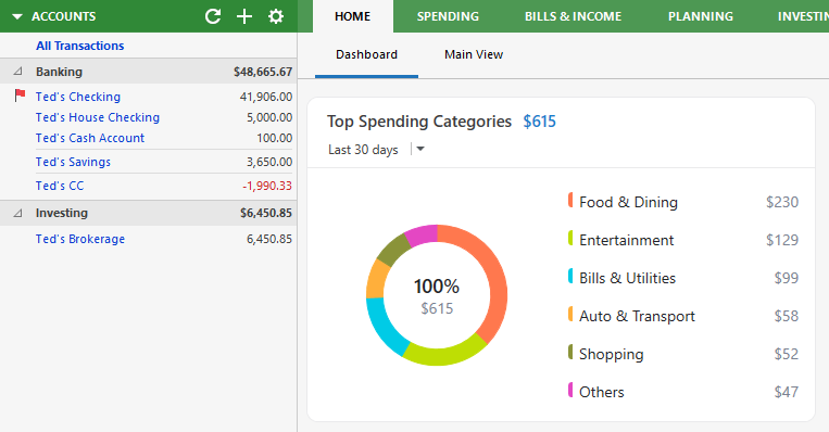 Green screen accounts and top spending categories user interface