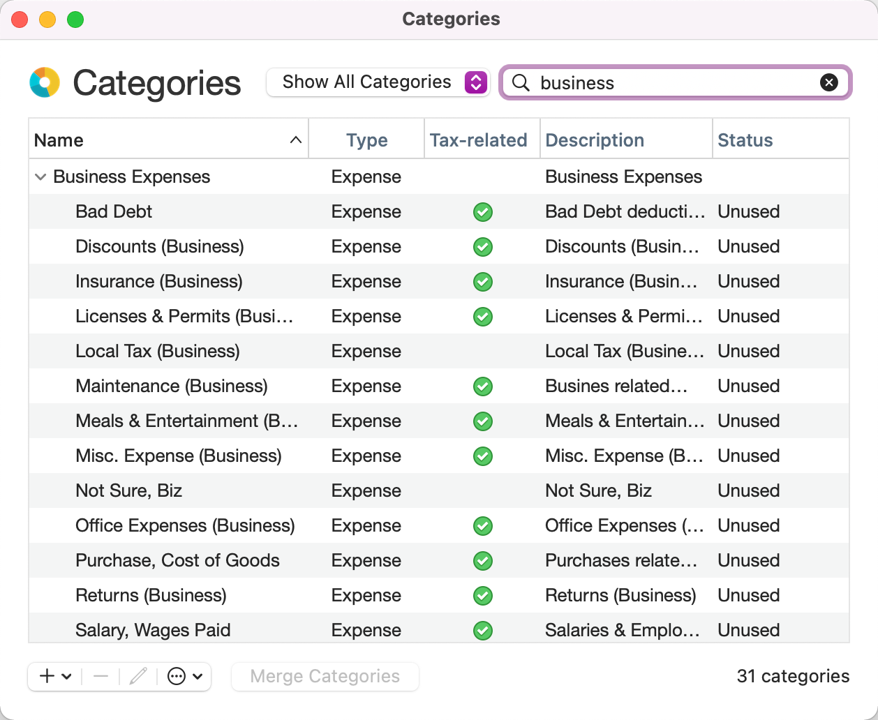 Business Account Categories user interface