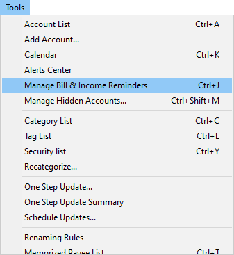 Tools menu selecting Manage Bill & Income Reminders