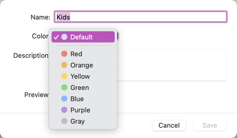 Tags color selection options window