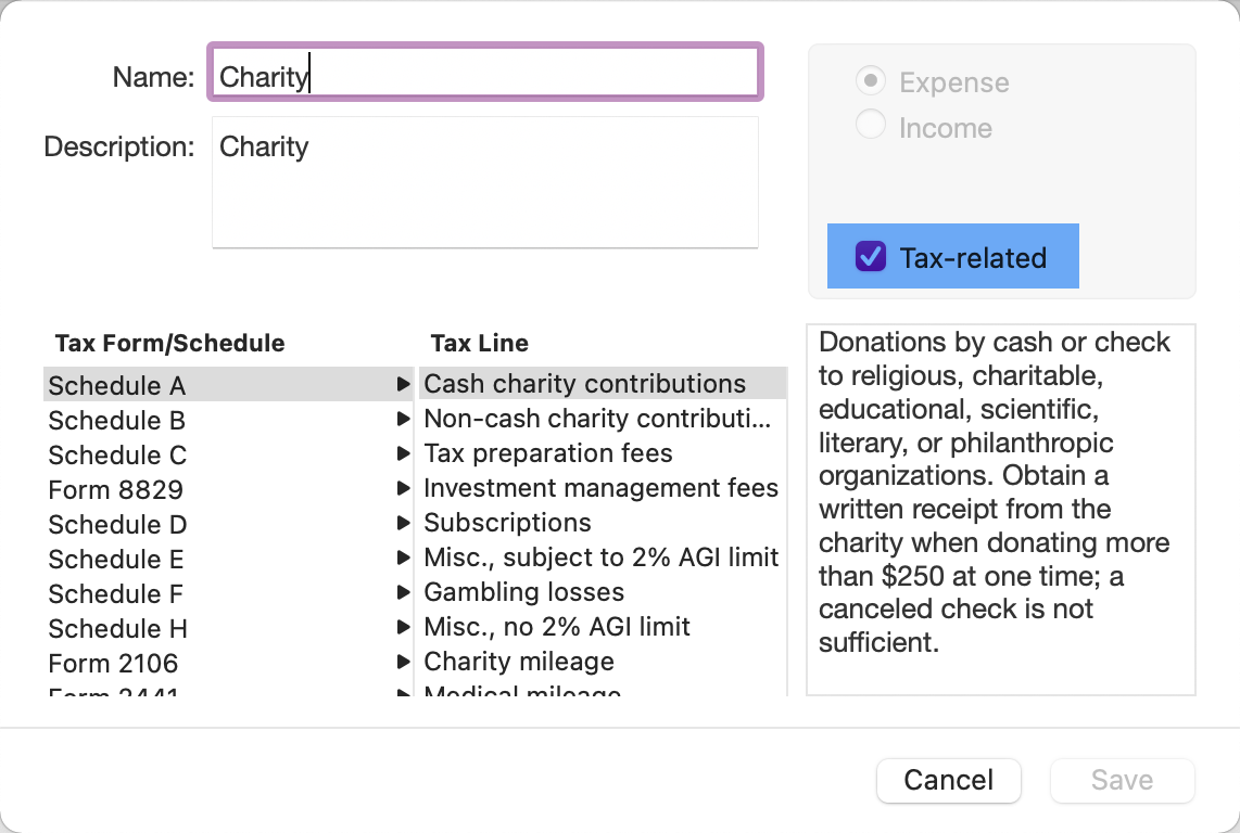 Use categories to track taxable income