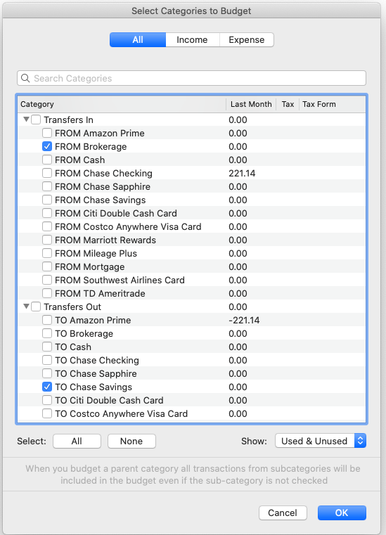 select categories to budget user interface