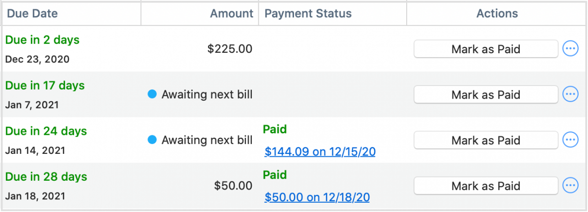 Bill tracking user interface in Quicken for Mac
