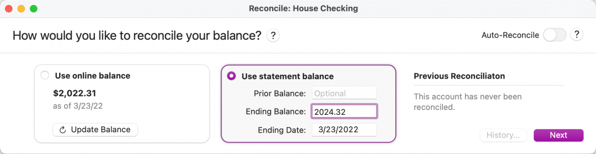 Reconcile Options User Interface