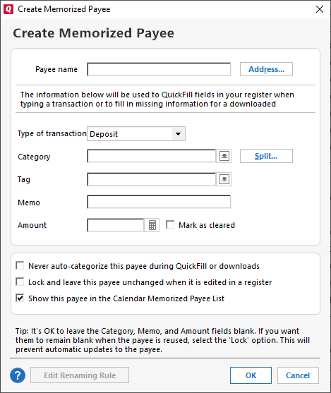 Create Memorized Payee screen