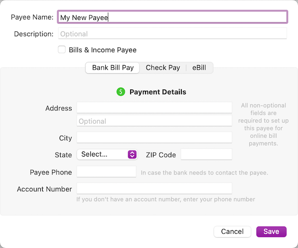 Create Memorized Payee screen