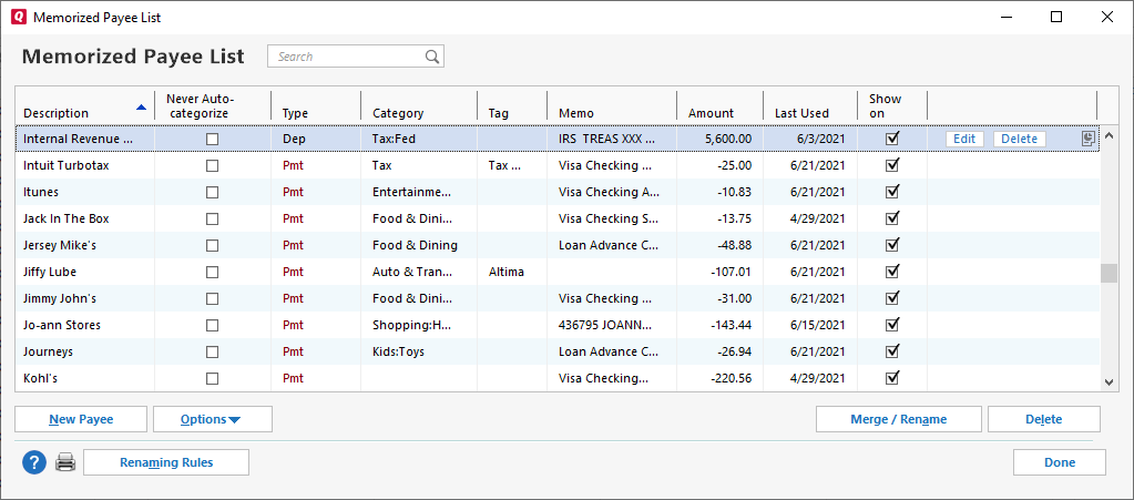  Memorized Payee List