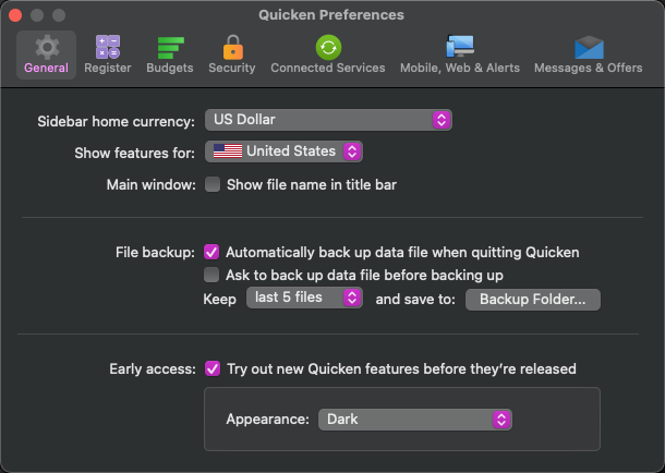 dark mode quicken preferences user interface