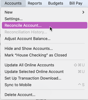 Reconcile Account Menu Option