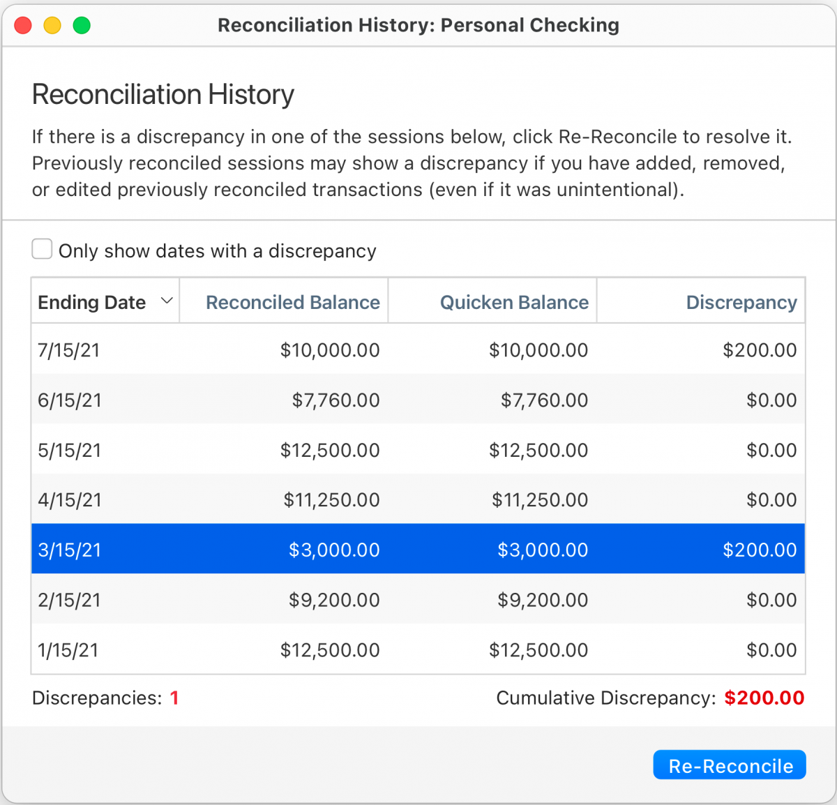 Reconciliation History user interface