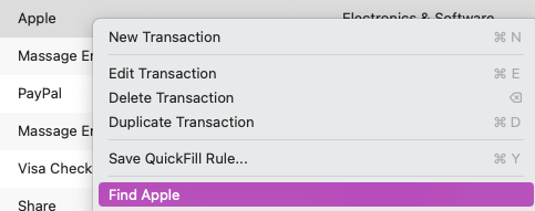 Right-click to find transactions interface on Mac