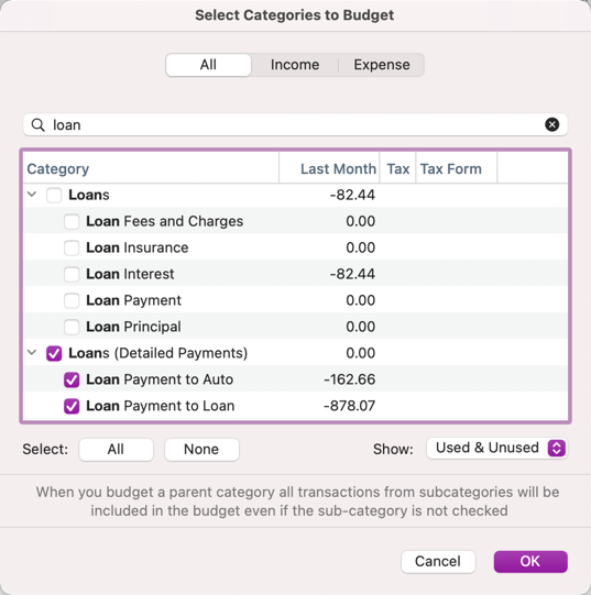 Select Categories to Budget