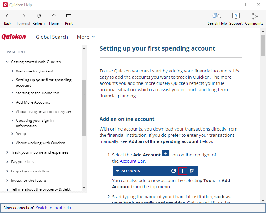 Quicken setting up your first spending account help page