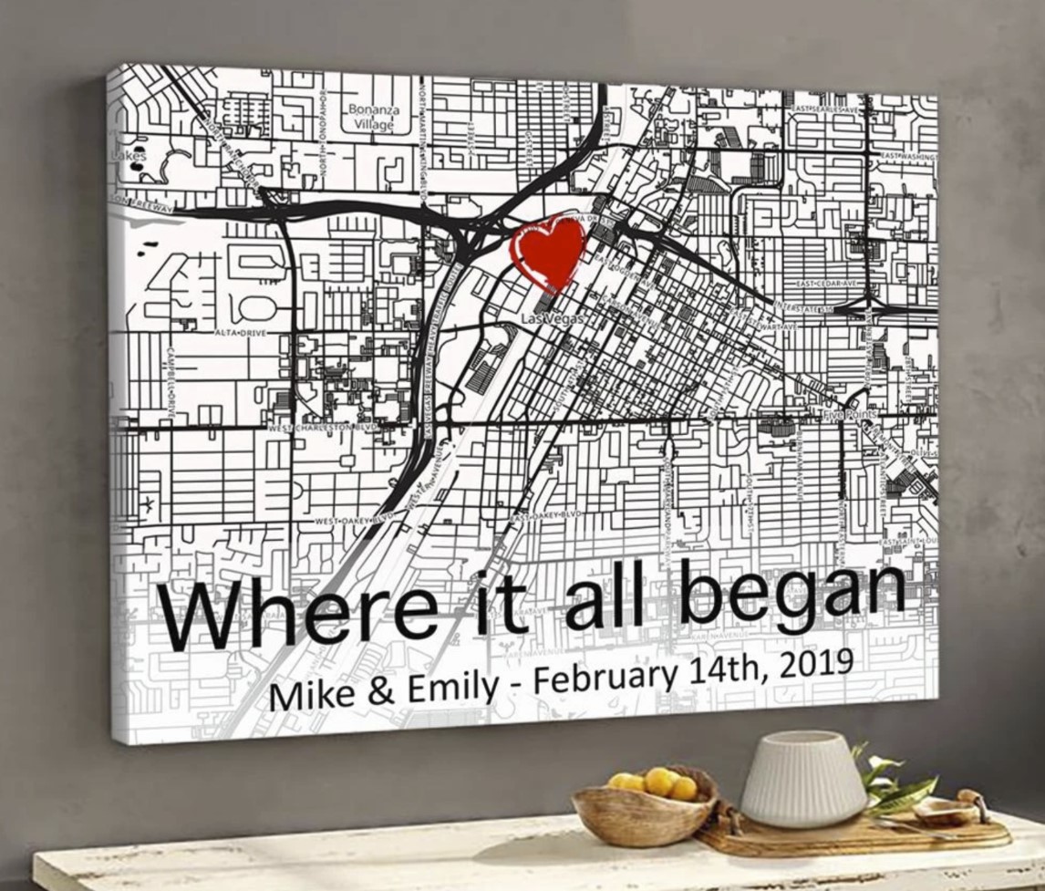 Black and white mapped canvas print with a red heart and 'Where it all began' header