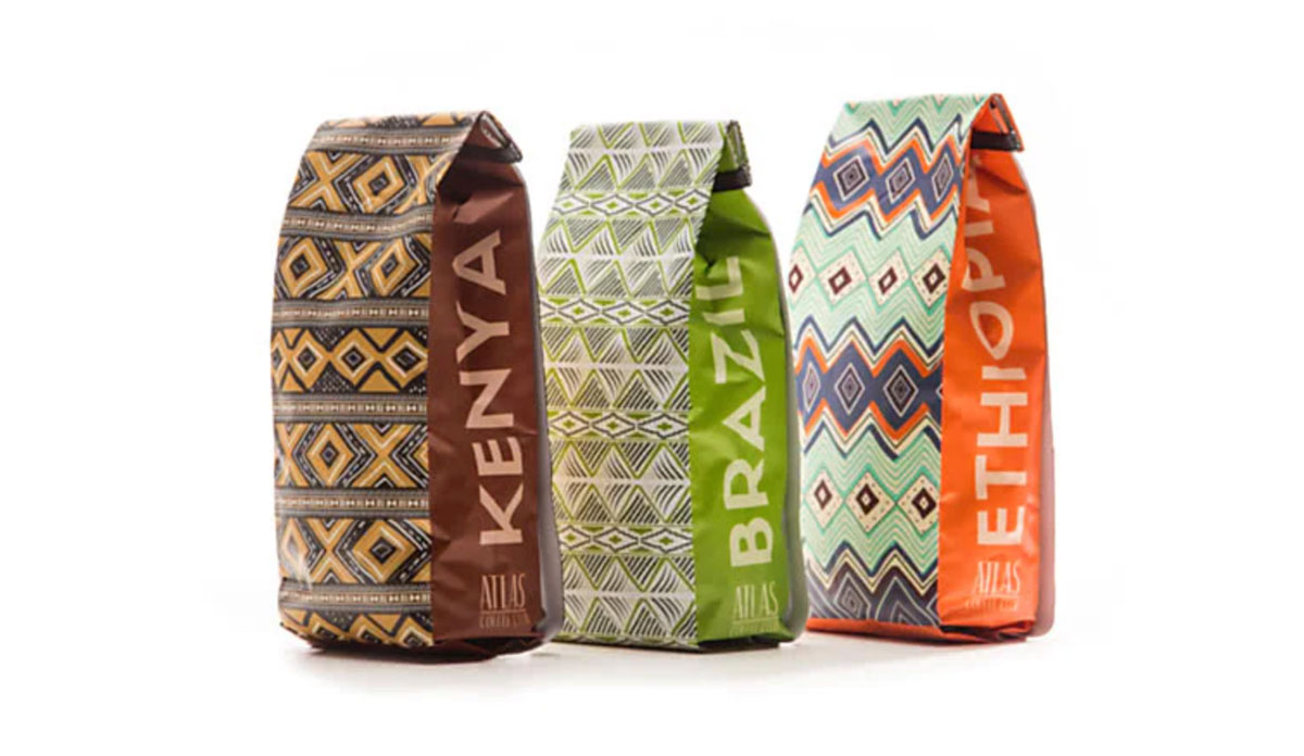 3 coffee bags lined up with Kenya, Brazil, and Ethiopia printed on the side