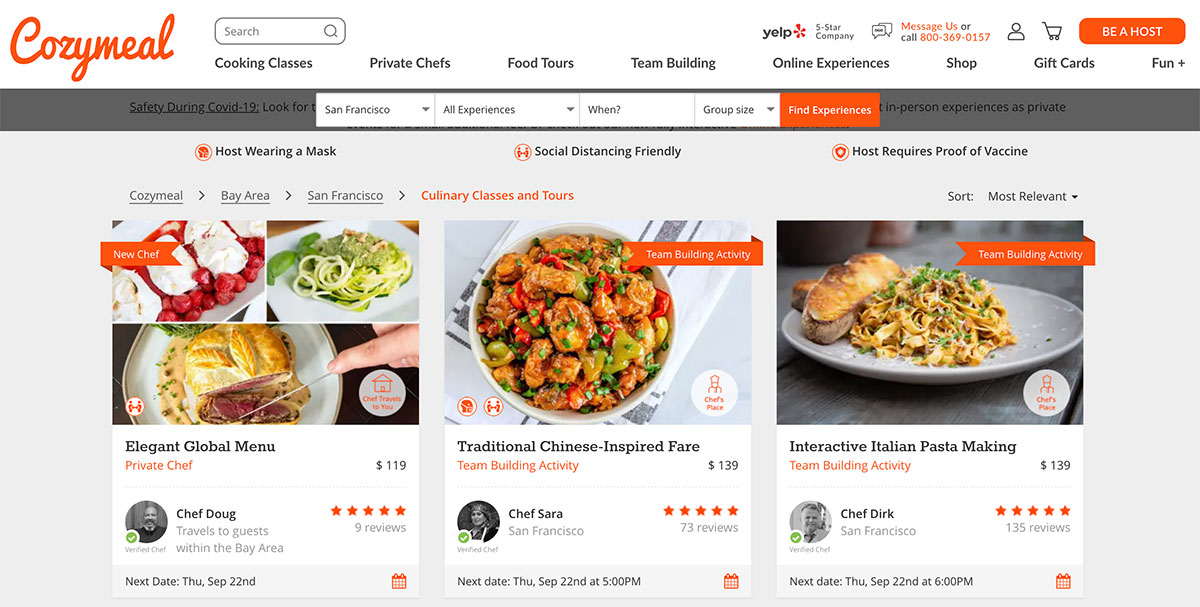 Cozymeal online cooking classes user interface screenshot