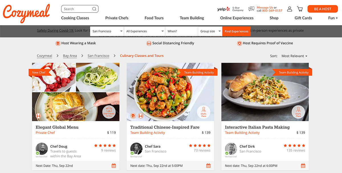 Cozymeal online cooking classes user interface screenshot
