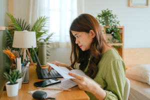 Woman using laptop while referencing paper document