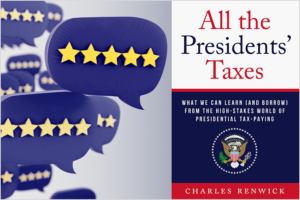 All The Presidents' Taxes book next to review speech bubbles with stars