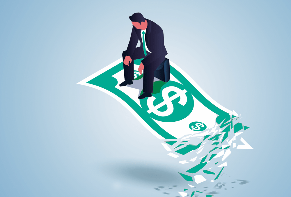 Illustration of man in suit sitting on dollar bill