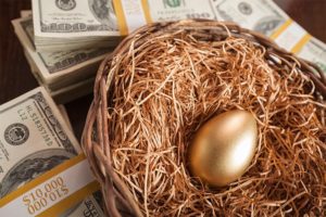 Golden egg in bird's nest surrounded by cash