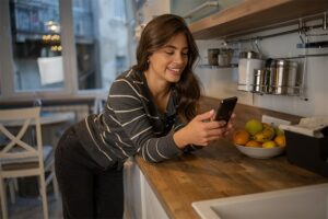 Happy young woman using smartphone
