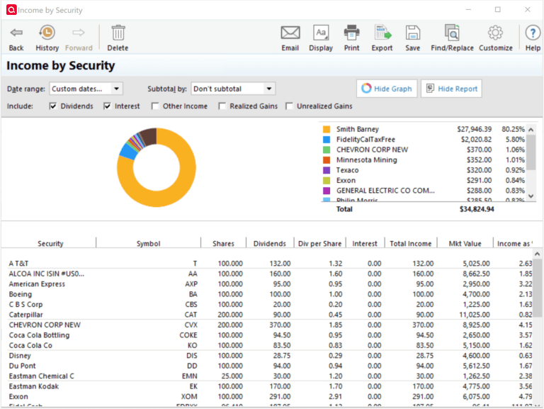 Quicken Windows Income by Security user interface