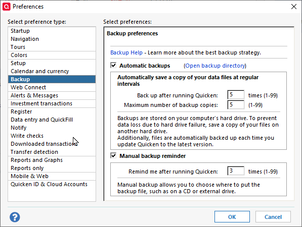 Quicken backup preferences user interface